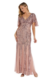 Long Sequin Gown with Flutter Sleeves and Godet Insets - Petite