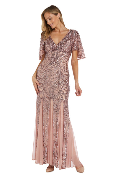 Petite Women Sequin Gown with Flutter Sleeves and Godet Insets
