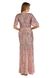Long Sequin Gown with Flutter Sleeves and Godet Insets