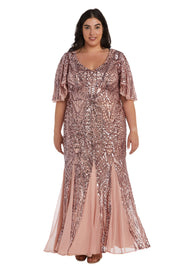 Long Sequin Gown with Flutter Sleeves and Godet Insets - Plus