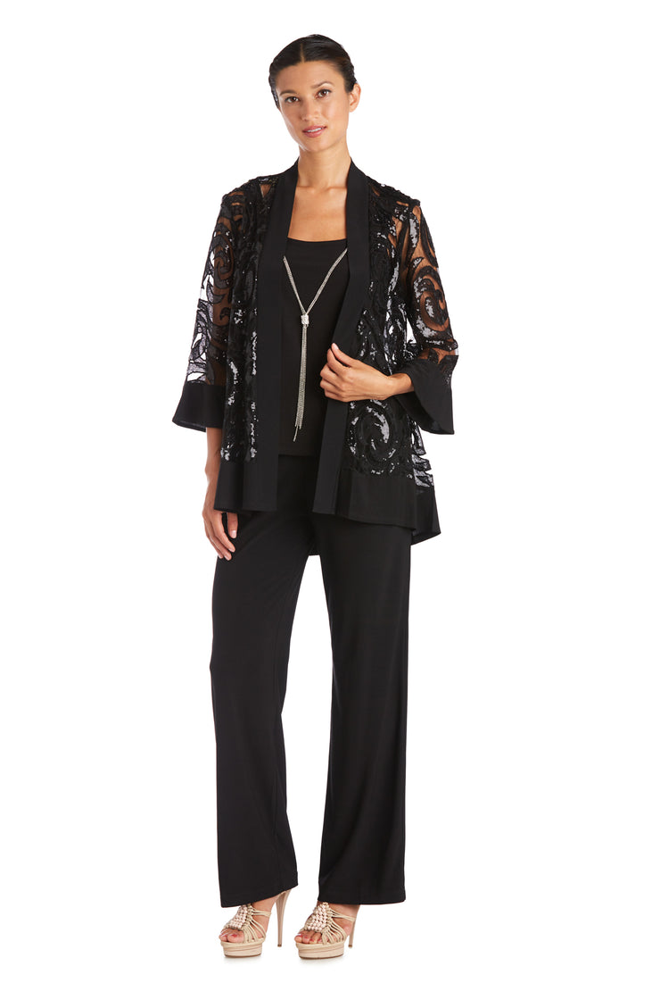 Three Piece Set With Sequin Swing Jacket and Detachable Necklace - Petite