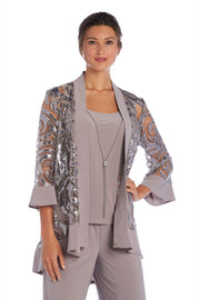 Three Piece Set With Sequin Swing Jacket and Detachable Necklace - Petite