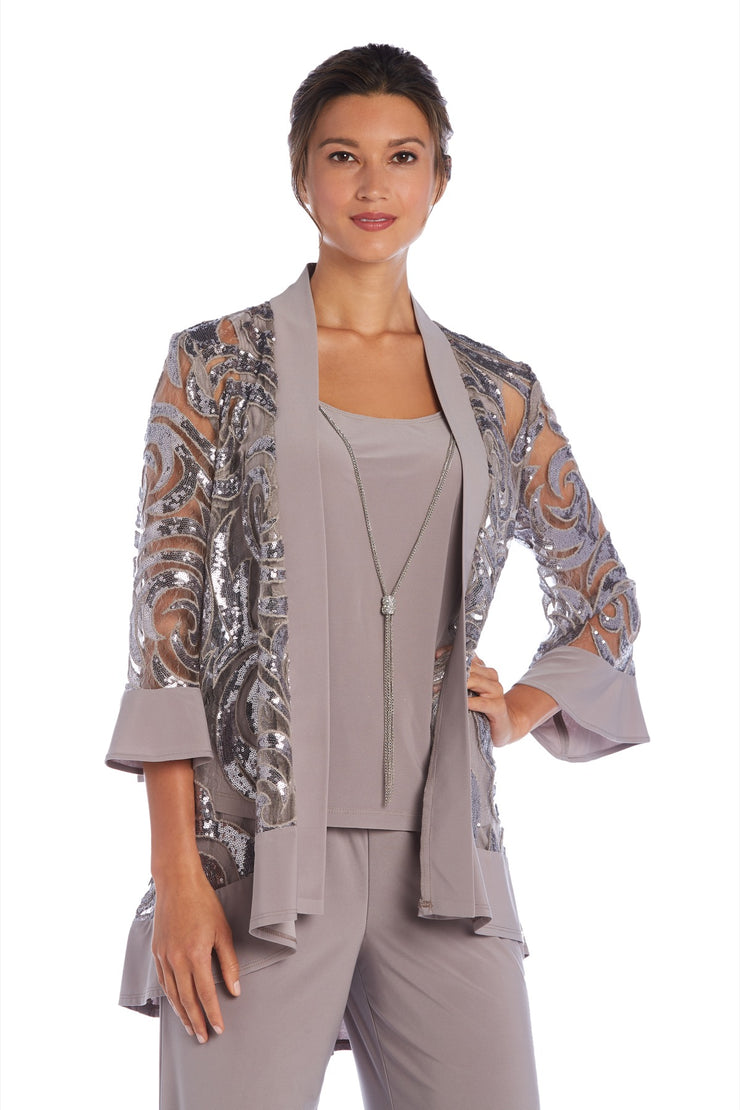 Three Piece Set With Sequin Swing Jacket and Detachable Necklace - Petite