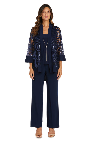 Three Piece Set With Sequin Swing Jacket and Detachable Necklace - Petite