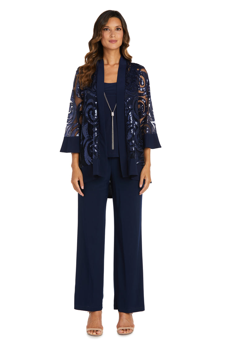 Three Piece Set With Sequin Swing Jacket and Detachable Necklace - Petite