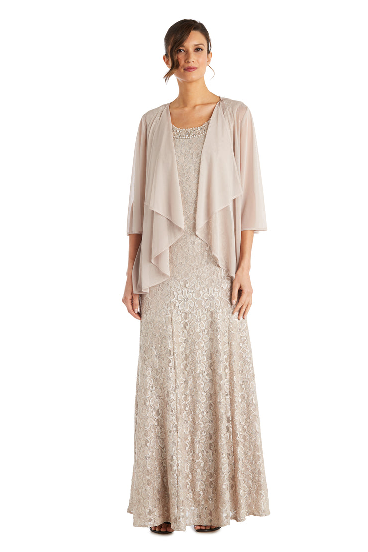 Evening Gown With Embellished Neckline and Flyaway Jacket – R&M
