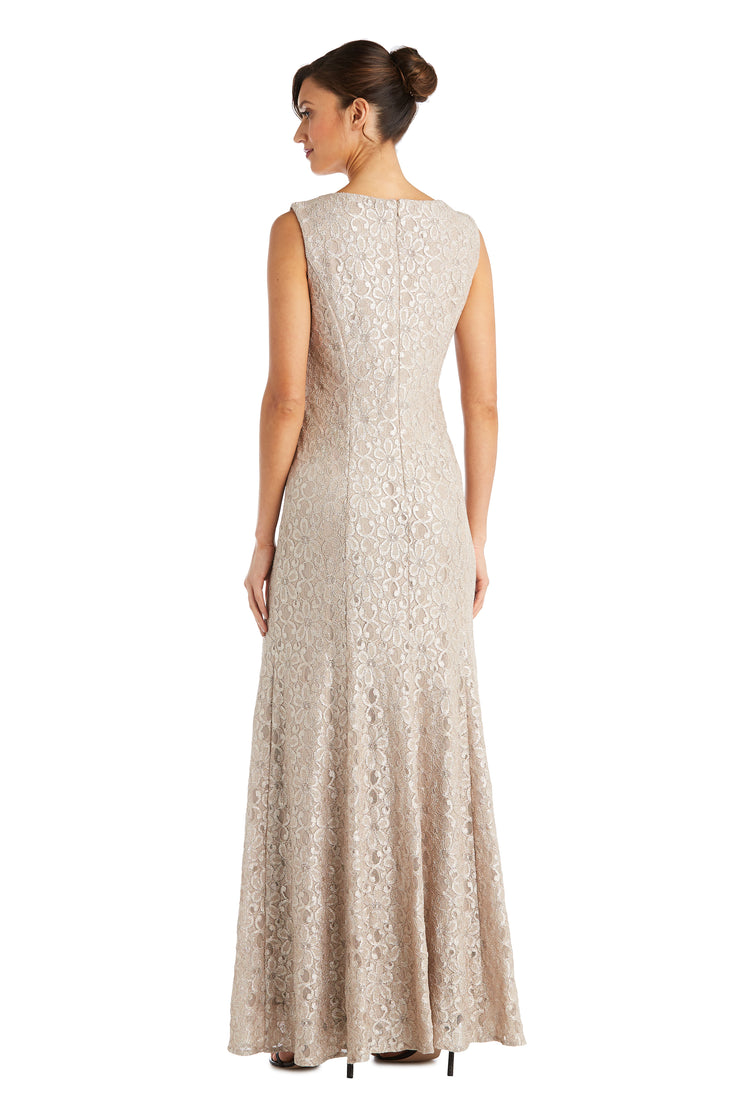 R&M Richards Champagne Tan Formal Mother of the Bride Long Flyaway Sheer Jacket Over Long Dress with Beaded Necklace