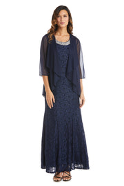 Evening Lace Gown With Pearl Embellished Neckline and Flyaway Jacket