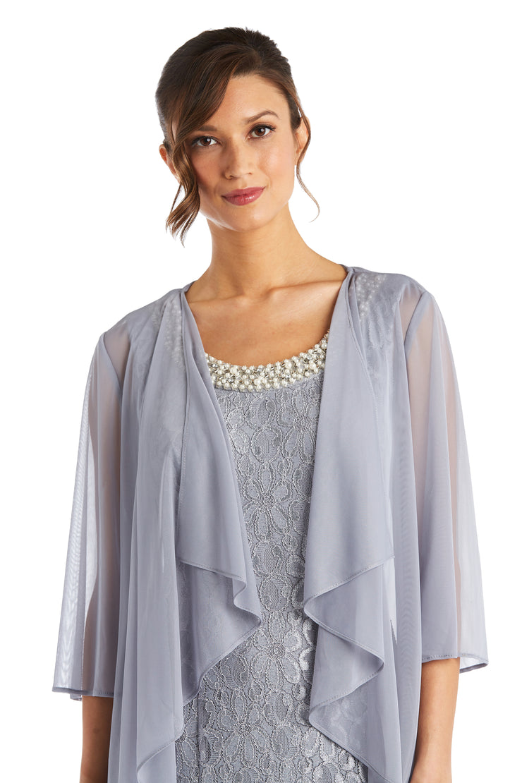 R&M Richards Petite Silver Formal Mother of the Bride Long Flyaway Sheer Jacket Over Long Dress with Beaded Necklace