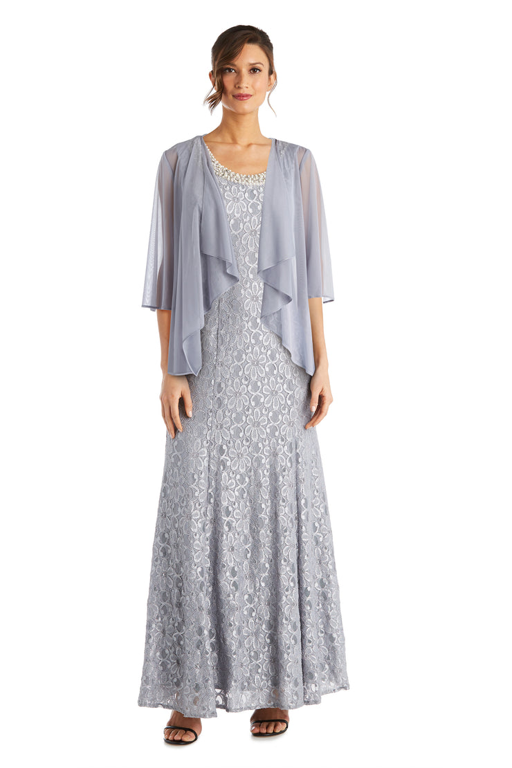 R&M Richards Petite Silver Formal Mother of the Bride Long Flyaway Sheer Jacket Over Long Dress with Beaded Necklace