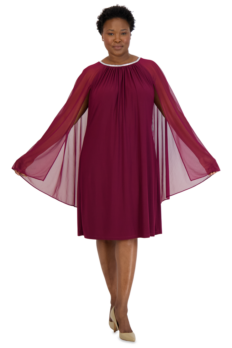 Chiffon Dress with Rhinestone Neckline and Sheer Capelet - Plus – R&M  Richards