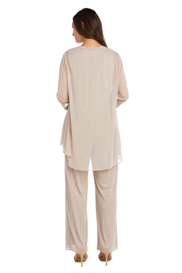 Three Piece Crinkle Chiffon Pant Set With Beaded Neckline