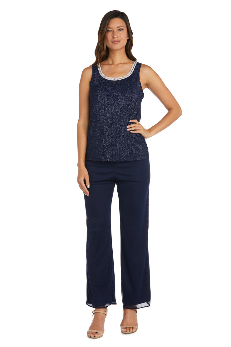Three Piece Crinkle Chiffon Pant Set With Beaded Neckline