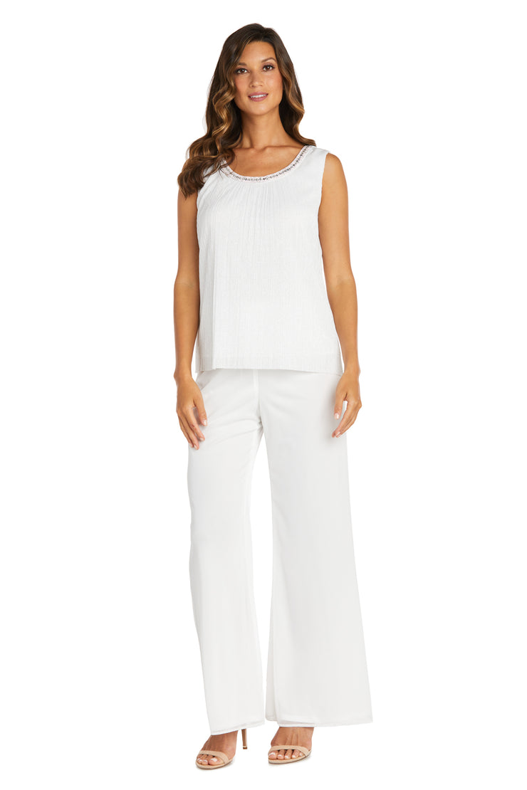 Three Piece Crinkle Chiffon Pant Set With Beaded Neckline
