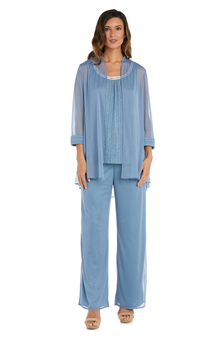 Three Piece Crinkle Chiffon Pant Set With Beaded Neckline