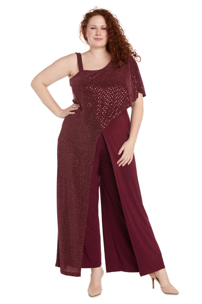 Asymmetric Jumpsuit with Sequined Overlay and Draped Shoulder - Plus