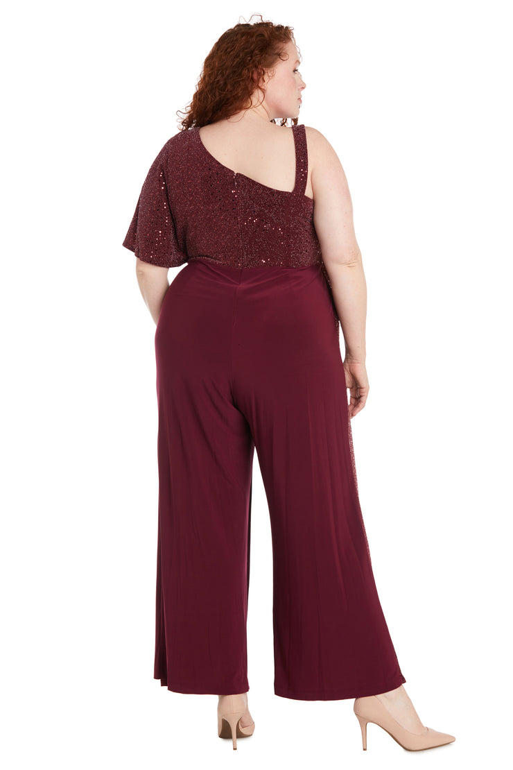 Asymmetric Jumpsuit with Sequined Overlay and Draped Shoulder - Plus