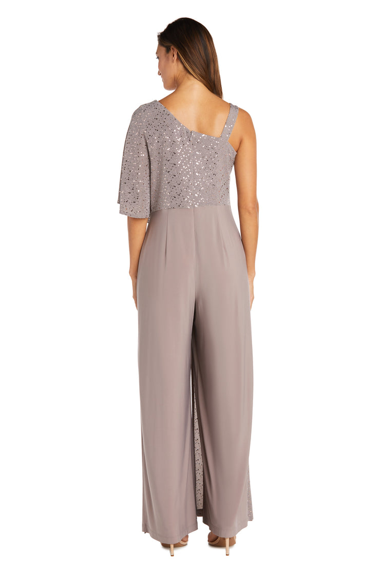 Asymmetric Jumpsuit with Sequined Overlay and Draped Shoulder - Petite