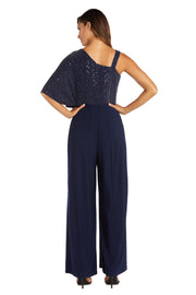 Asymmetric Jumpsuit with Sequined Overlay and Draped Shoulder