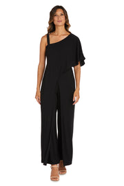 One-Shoulder Flare Jumpsuit with Overlay and Draped Sleeves