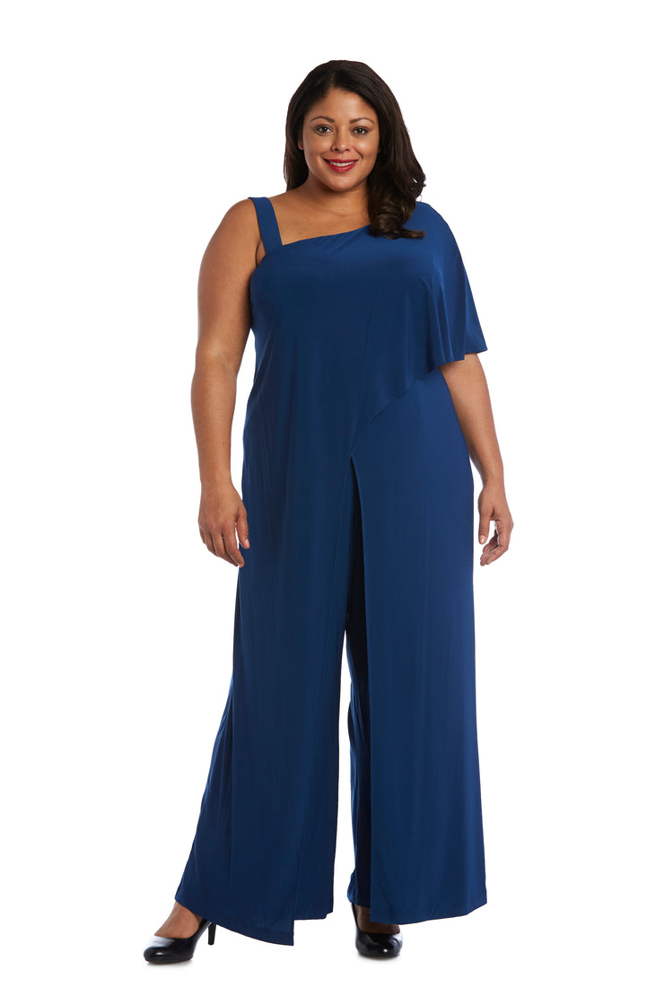 One-Shoulder Flare Jumpsuit with Overlay and Draped Sleeves - Plus
