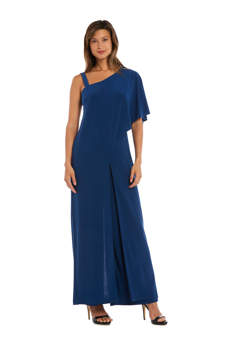 One-Shoulder Flare Jumpsuit with Overlay and Draped Sleeves