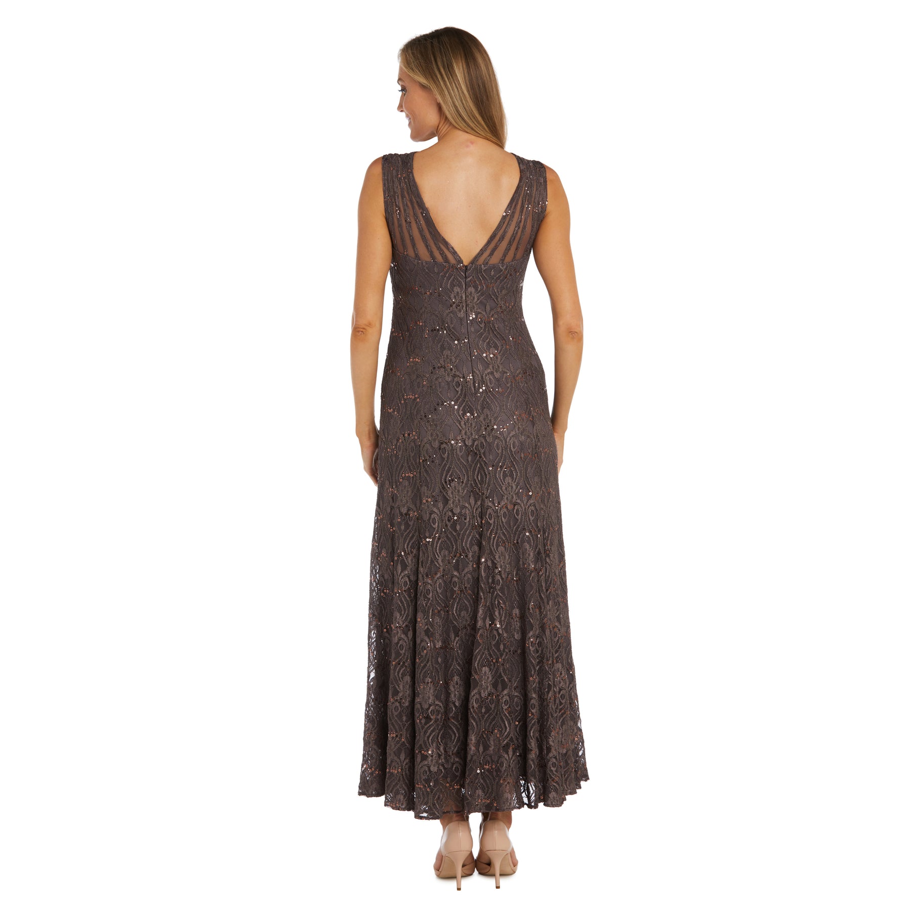 Sequined Lace Gown with Sheer Inserts Petite R&M Richards