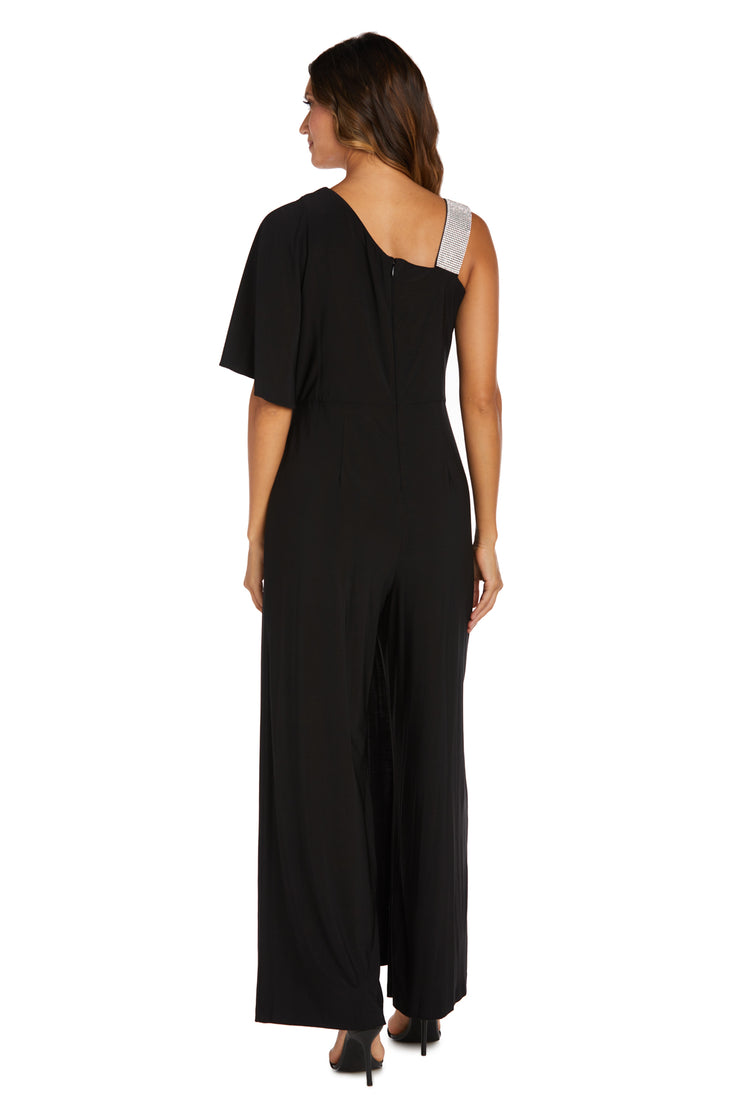 Asymmetric Jumpsuit with Overlay and Rhinestone Shoulder Strap