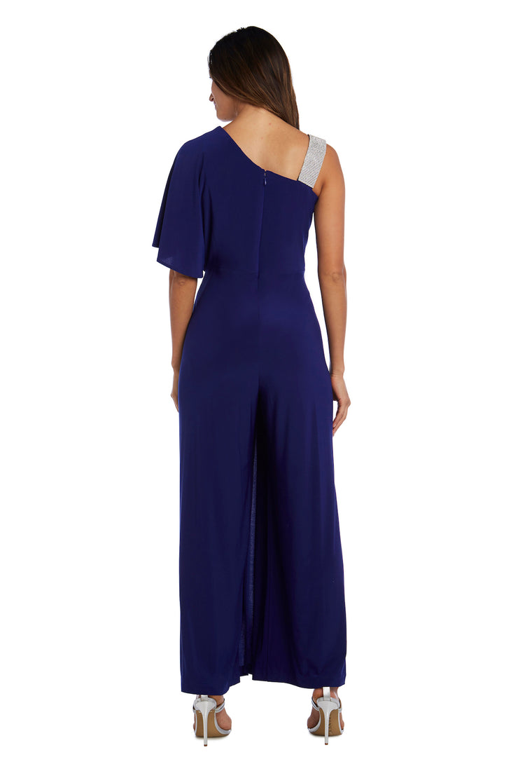 Asymmetric Jumpsuit with Overlay and Rhinestone Shoulder Strap