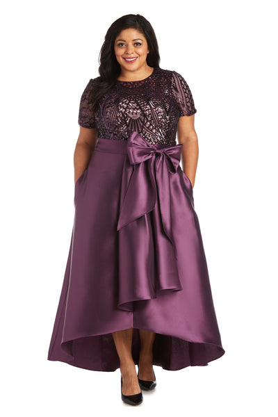 High-Low Satin Skirt, Bow at Waist, and Sequin Top Dress - Plus
