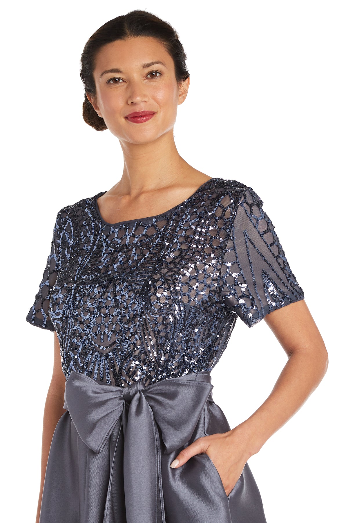 High-Low Satin Skirt, Bow at Waist, and Sequin Top Dress – R&M Richards