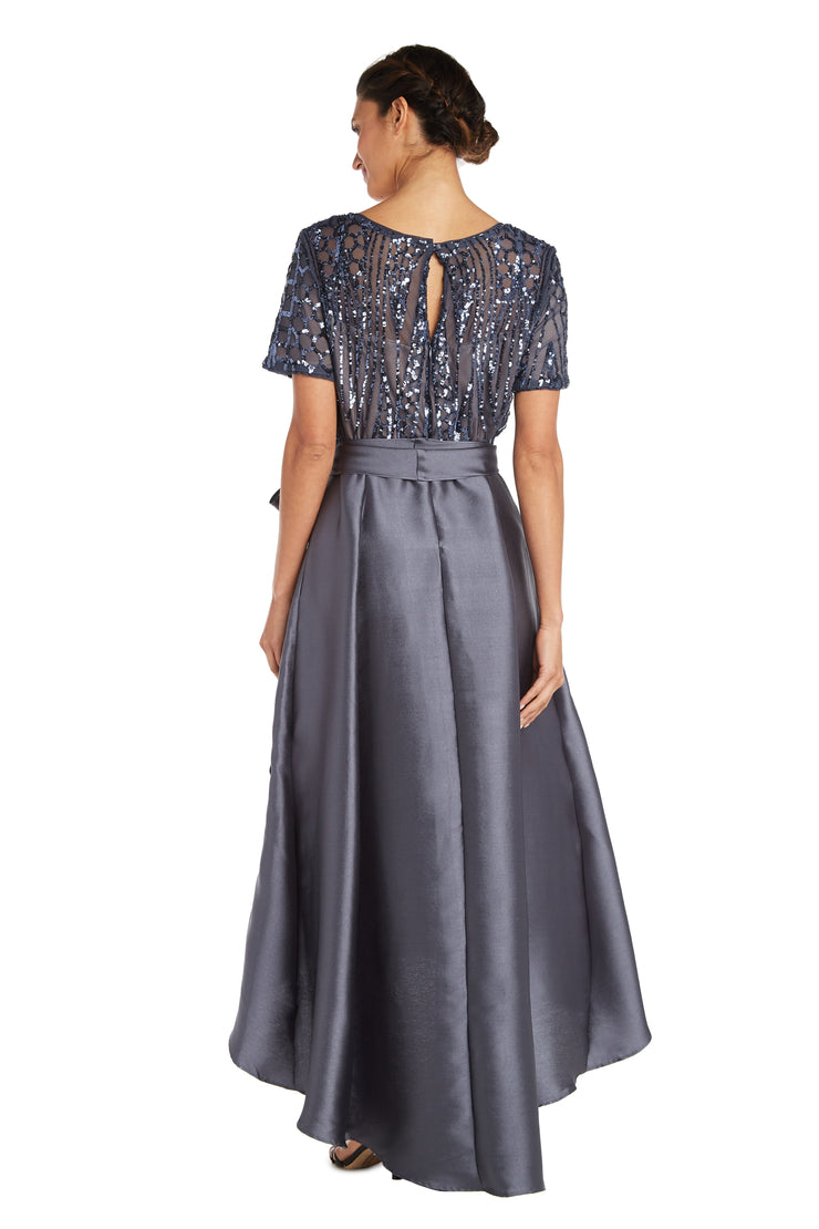 High-Low Satin Skirt, Bow at Waist, and Sequin Top Dress – R&M Richards