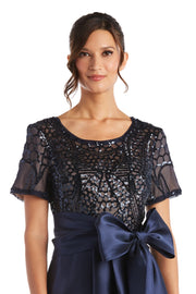 High-Low Satin Skirt, Bow at Waist, and Sequin Top Dress