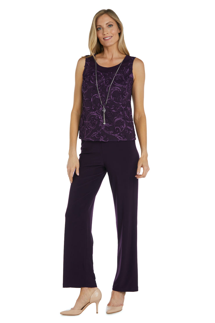 Two-Piece Soutache Jacket and Tank Pantsuit with Necklace - Petite