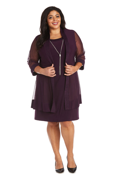 Shift Dress and Jacket Set with Textured Detail and Sheer Inserts - Plus