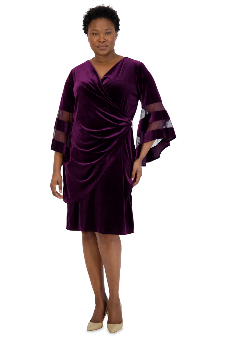 Stretch Velvet Bell Sleeved Cocktail Dress - Plus