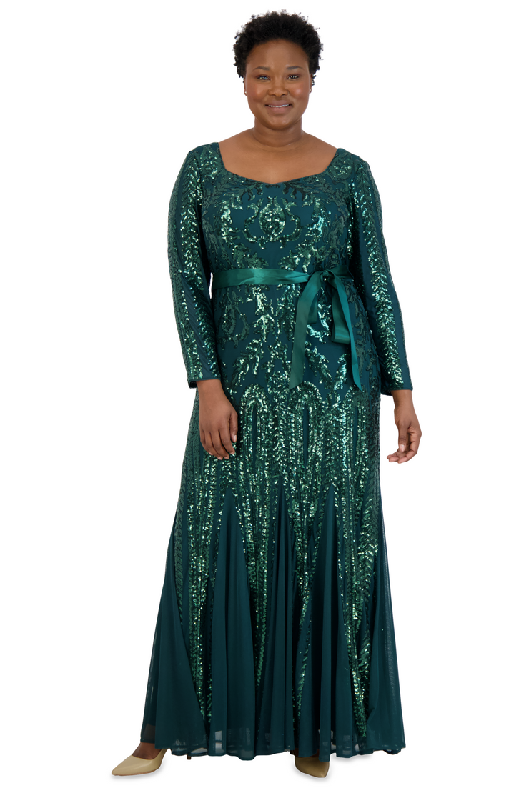 Long Sleeved Sequined Evening Gown  - Plus