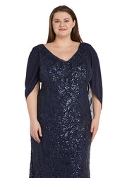 Sequin Gown with Chiffon Wrap Around Cape - Plus