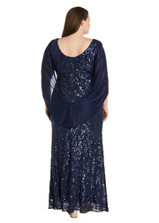 Beaded Lace Gown with Sheer Wrap Around Sleeves - Plus