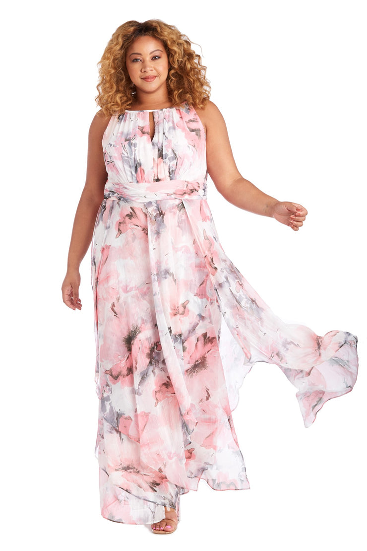 R&M Richards Plus RM Pink Long Print Gown Dress Cheap Sale Affordable Beautiful Casual Formal Halter Sheer Portal Printed Chiffon Maxi Dress