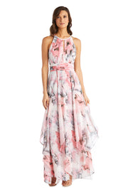 R&M Richards RM Pink Long Print Gown Dress Cheap Sale Affordable Beautiful Casual Formal Halter Sheer Portal Printed Chiffon Maxi Dress