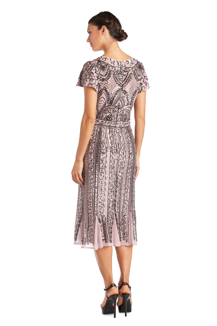 Tea Length Mesh Beaded Dress With Godet Insets