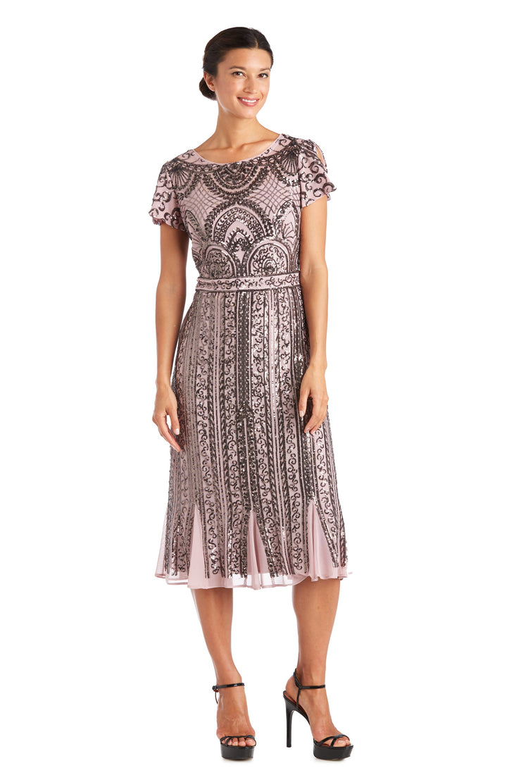 Tea Length Mesh Beaded Dress With Godet Insets