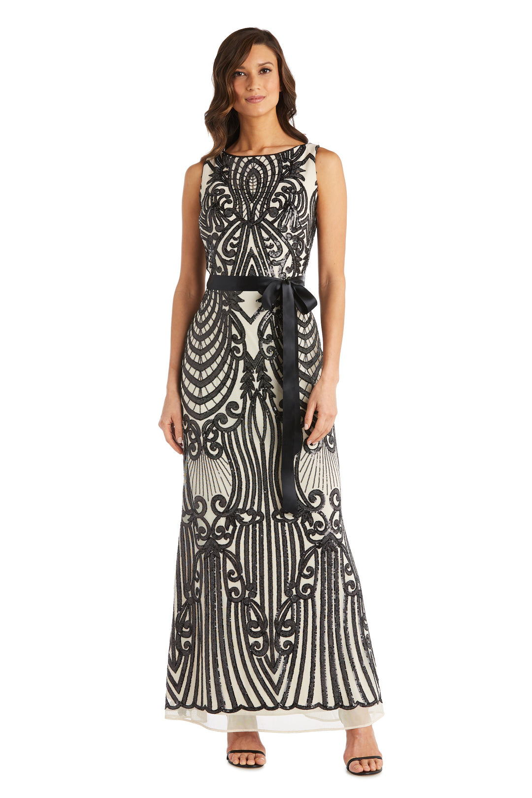 Two Tone Embellished Sequin Gown With Satin Sash – R&M Richards Two Tone Embellished Sequin Gown With Satin Sash – R&M Richards