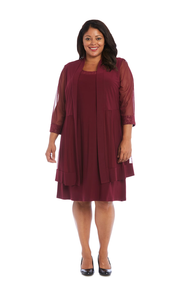 Shift Dress with Sparkling Neckline and Soft Jacket with Sheer Sleeves - Plus