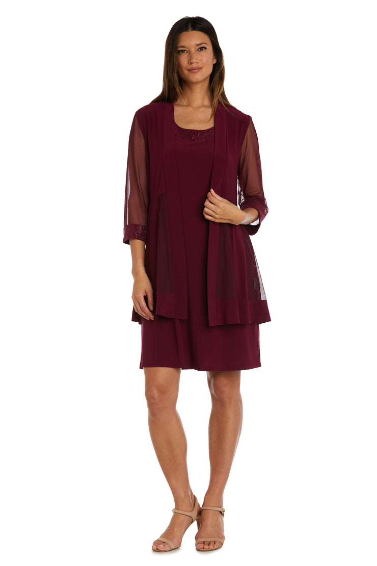Shift Dress with Sparkling Neckline and Soft Jacket with Sheer Sleeves