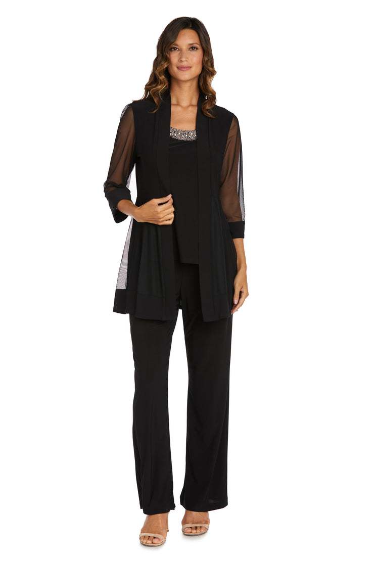 Three Piece Pant Suit with Sheer Inserts, Beading and Diamante - Petite