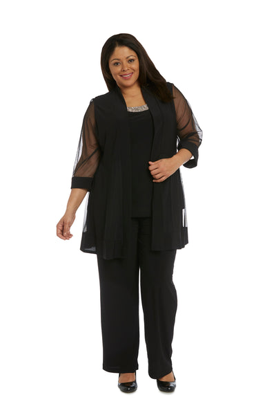 Three Piece Pantsuit With Sheer Sleeves and Neckline Beading - Plus