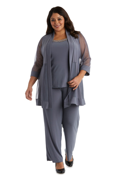 Three Piece Pant Suit with Sheer Inserts, Beading and Diamante - Plus