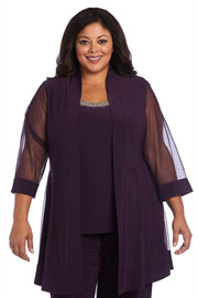 Three Piece Pant Suit with Sheer Inserts, Beading and Diamante - Plus